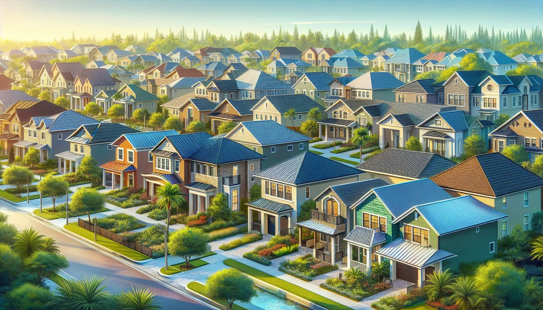 An aerial view of a residential neighborhood with lots of houses and trees.