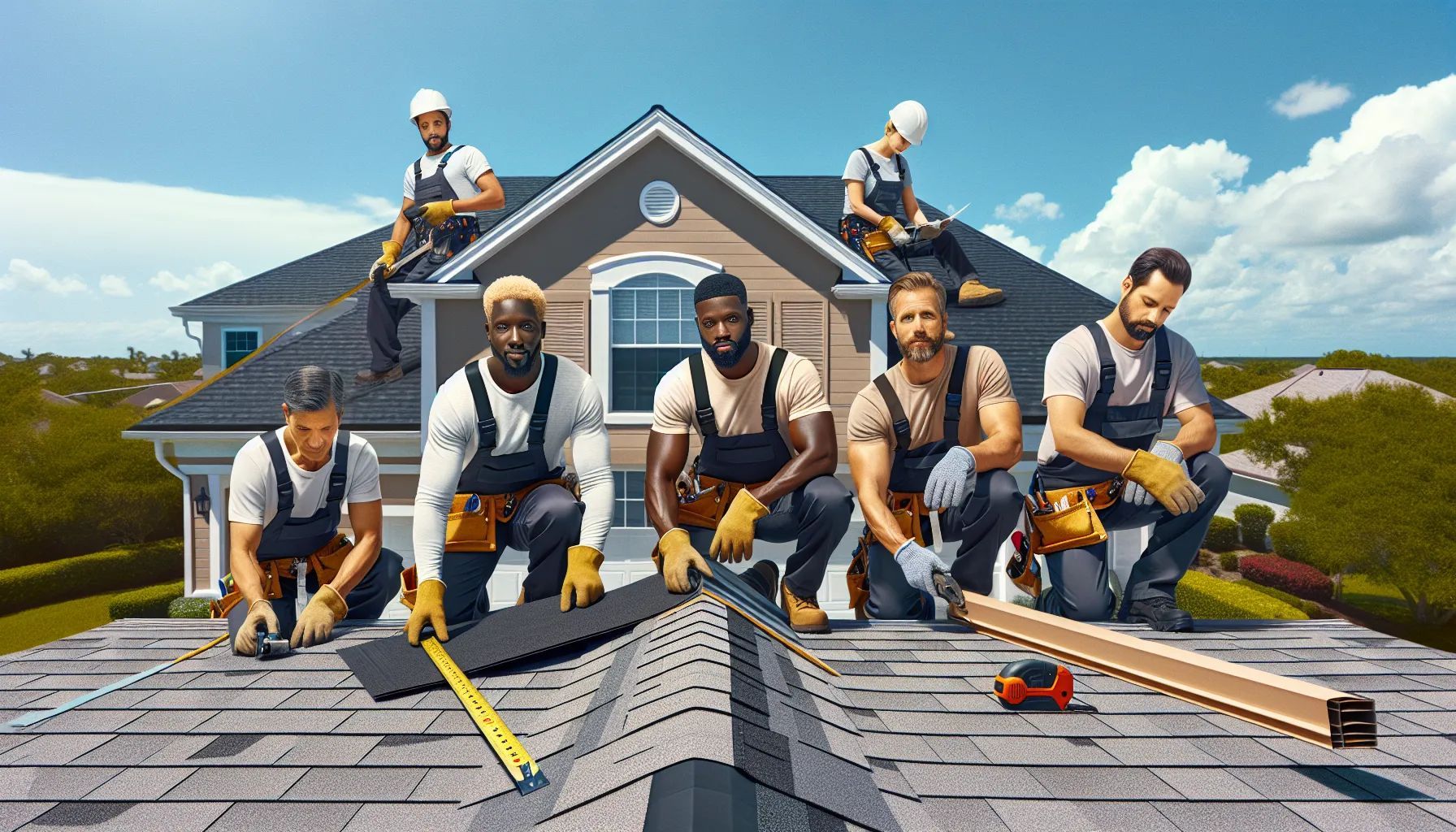 A group of men are working on the roof of a house.
