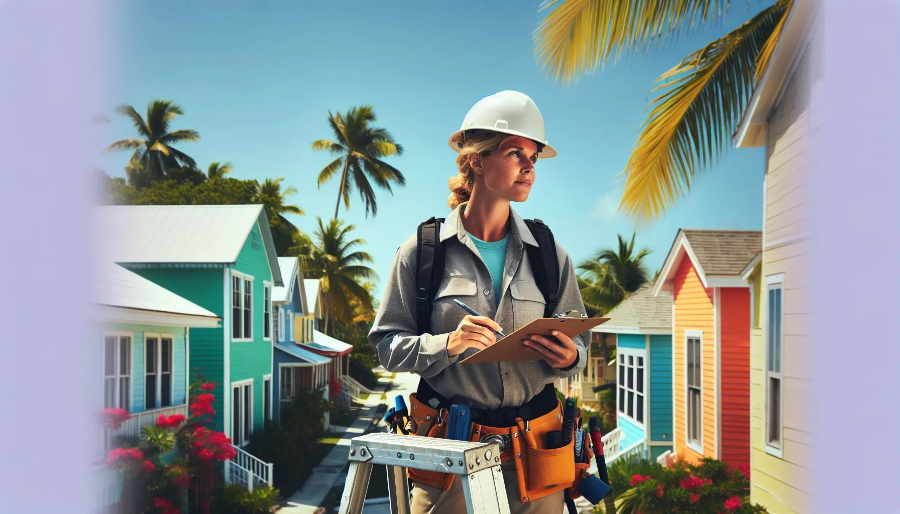 A woman is standing on a ladder holding a clipboard in front of a row of colorful houses.