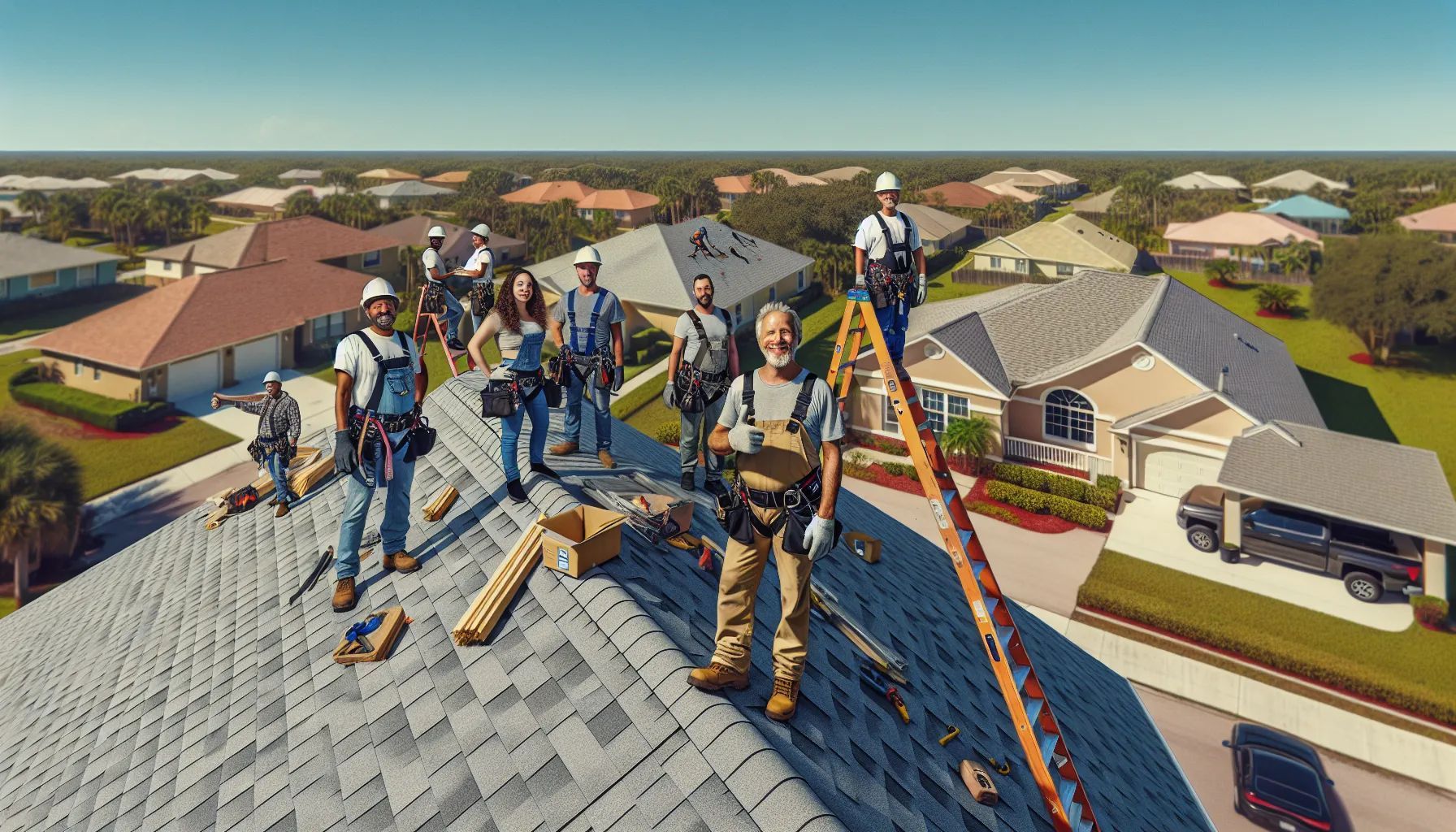A group of construction workers are standing on top of a roof.