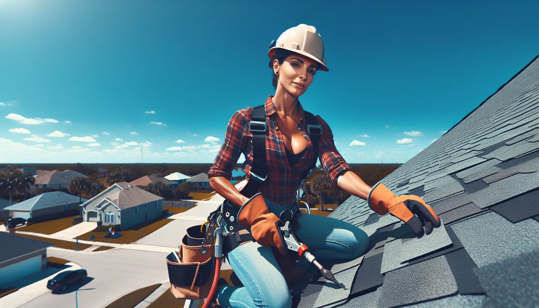 A woman is sitting on top of a roof working on it.