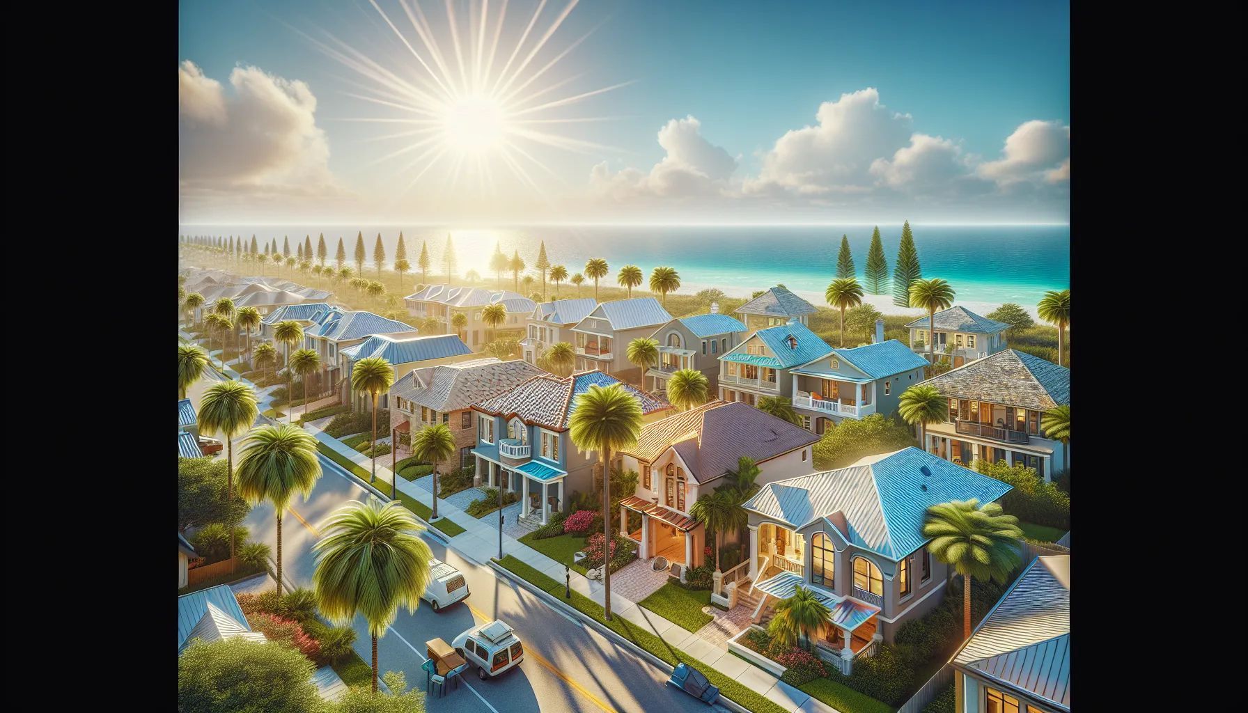 An aerial view of a residential area next to the ocean.