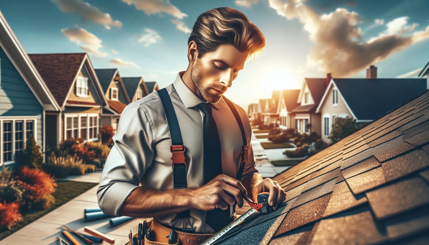A man is working on a roof in front of a row of houses.