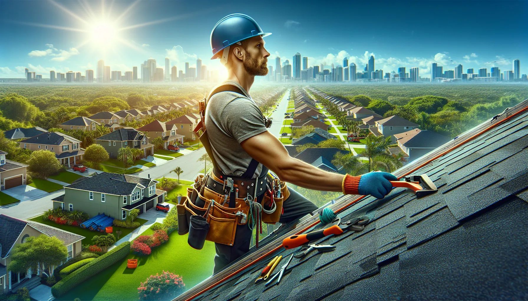 A man is working on the roof of a house.