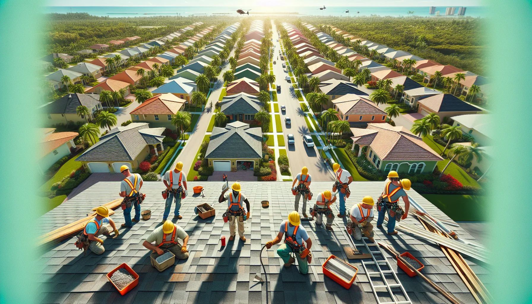 A group of construction workers are working on a roof in a residential area.