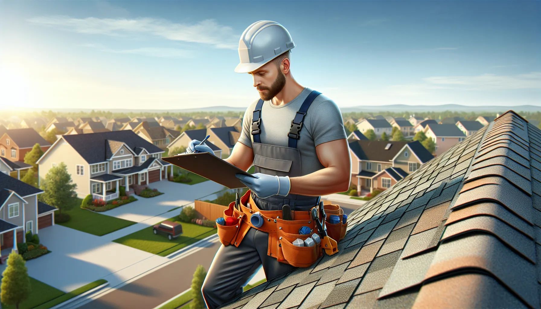 A man is sitting on top of a roof looking at a clipboard.