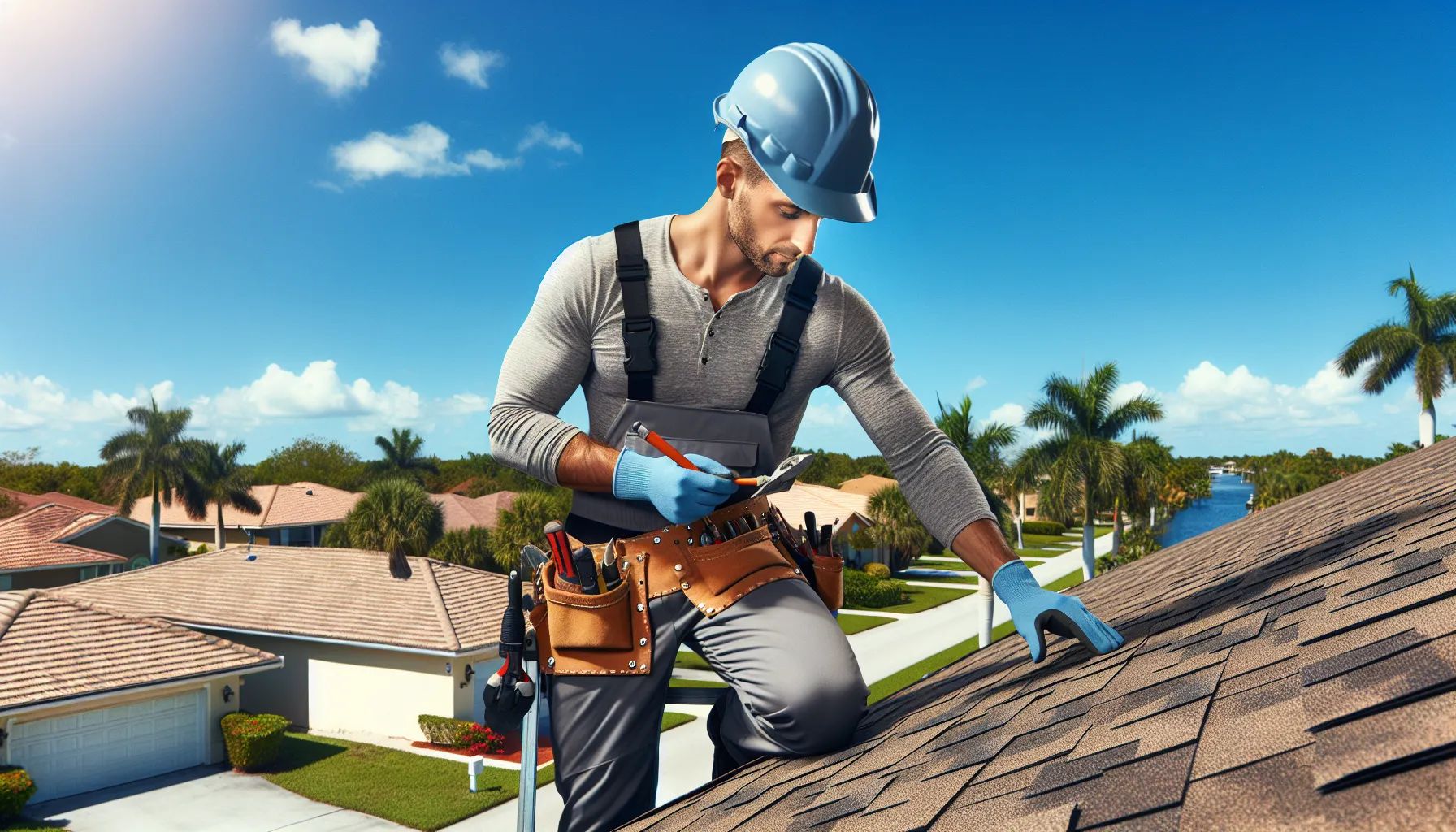 A man is working on the roof of a house.