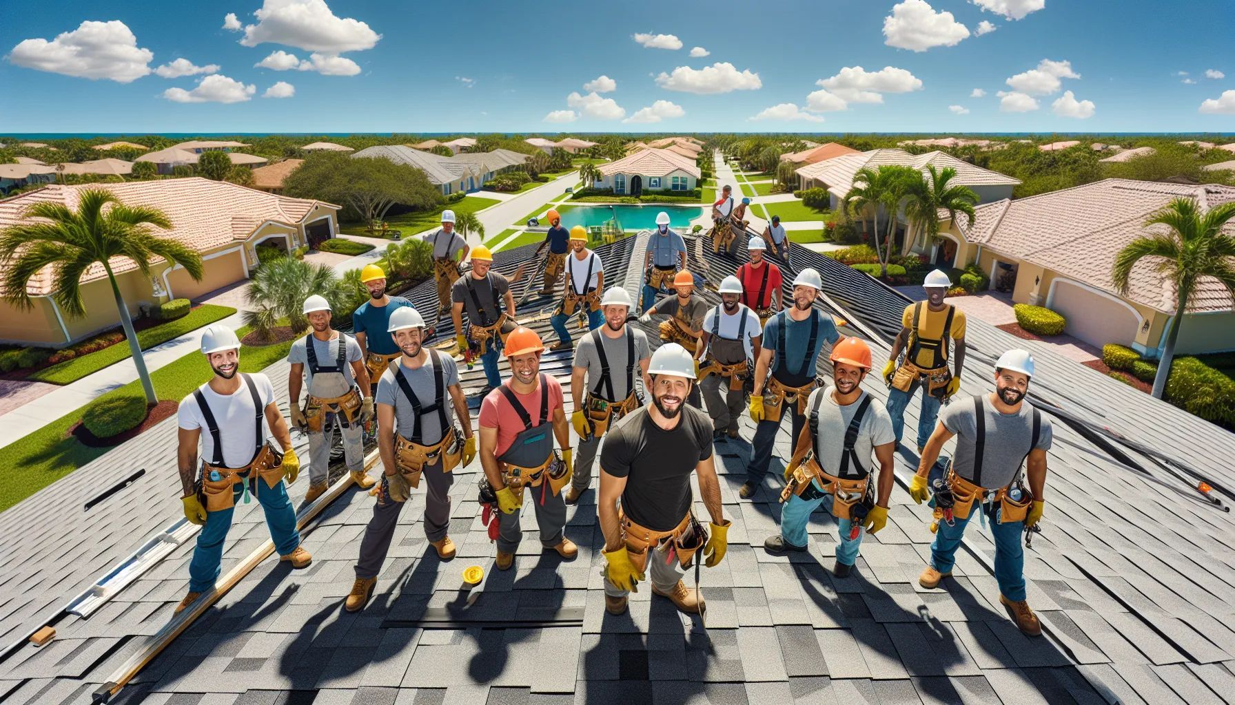A group of construction workers are standing on top of a roof.