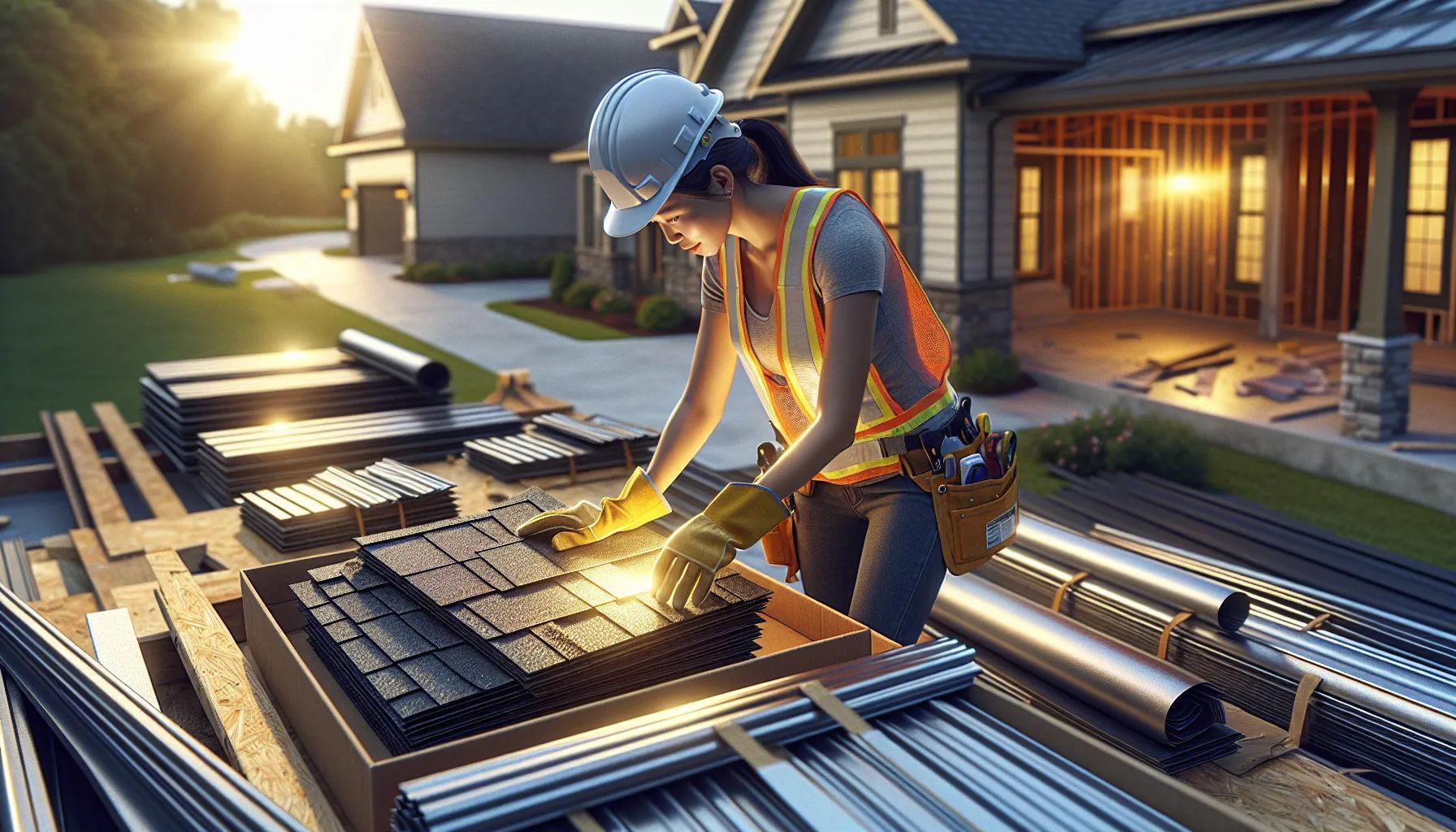 A woman is working on the roof of a house under construction.