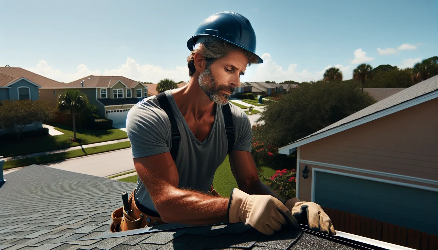 A man wearing a hard hat is working on the roof of a house.
