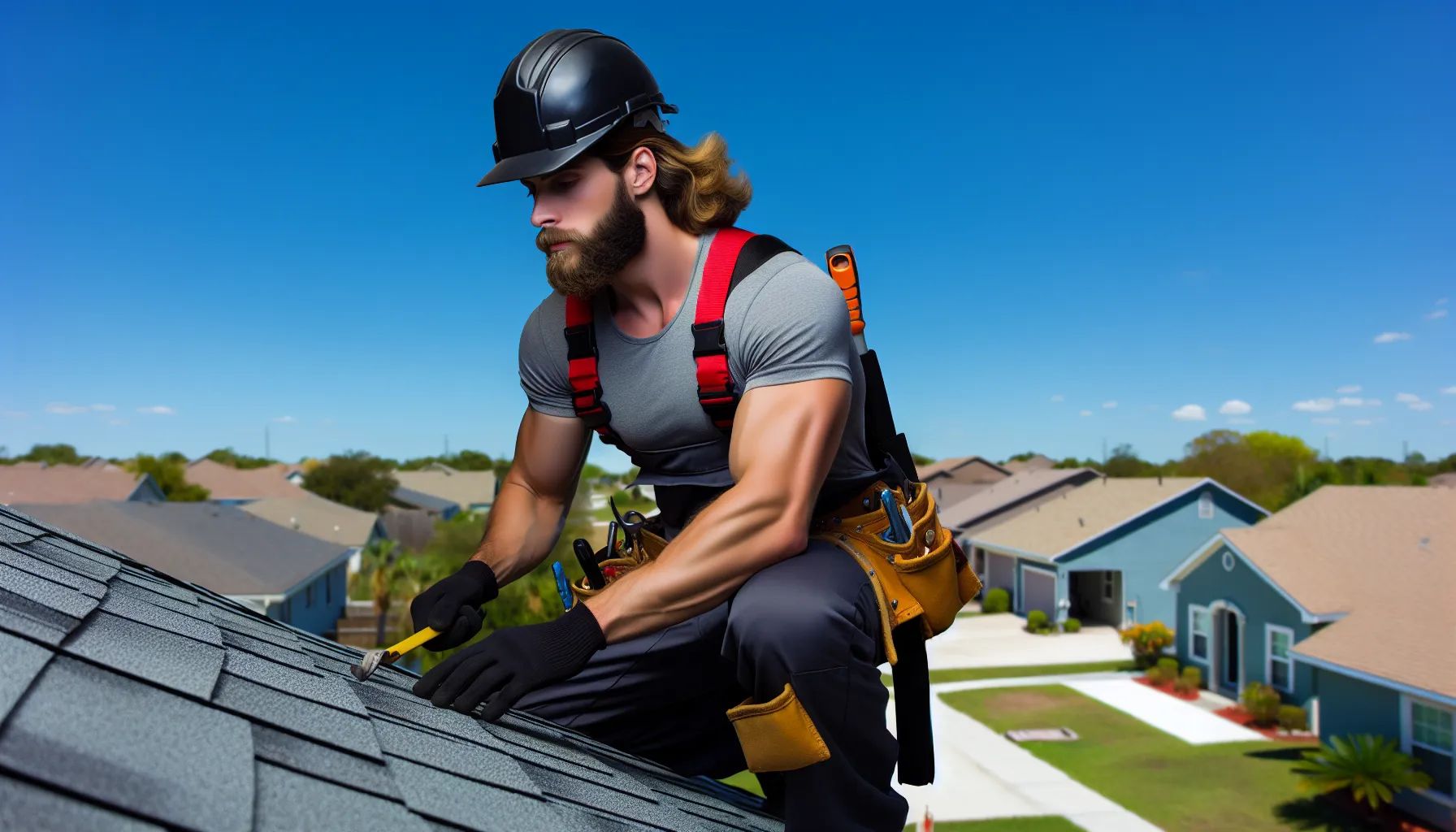 A man is working on the roof of a house.