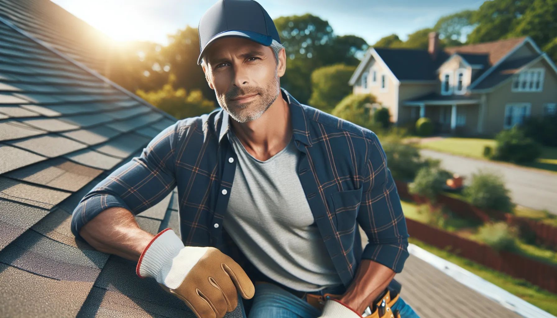 A man is sitting on the roof of a house.