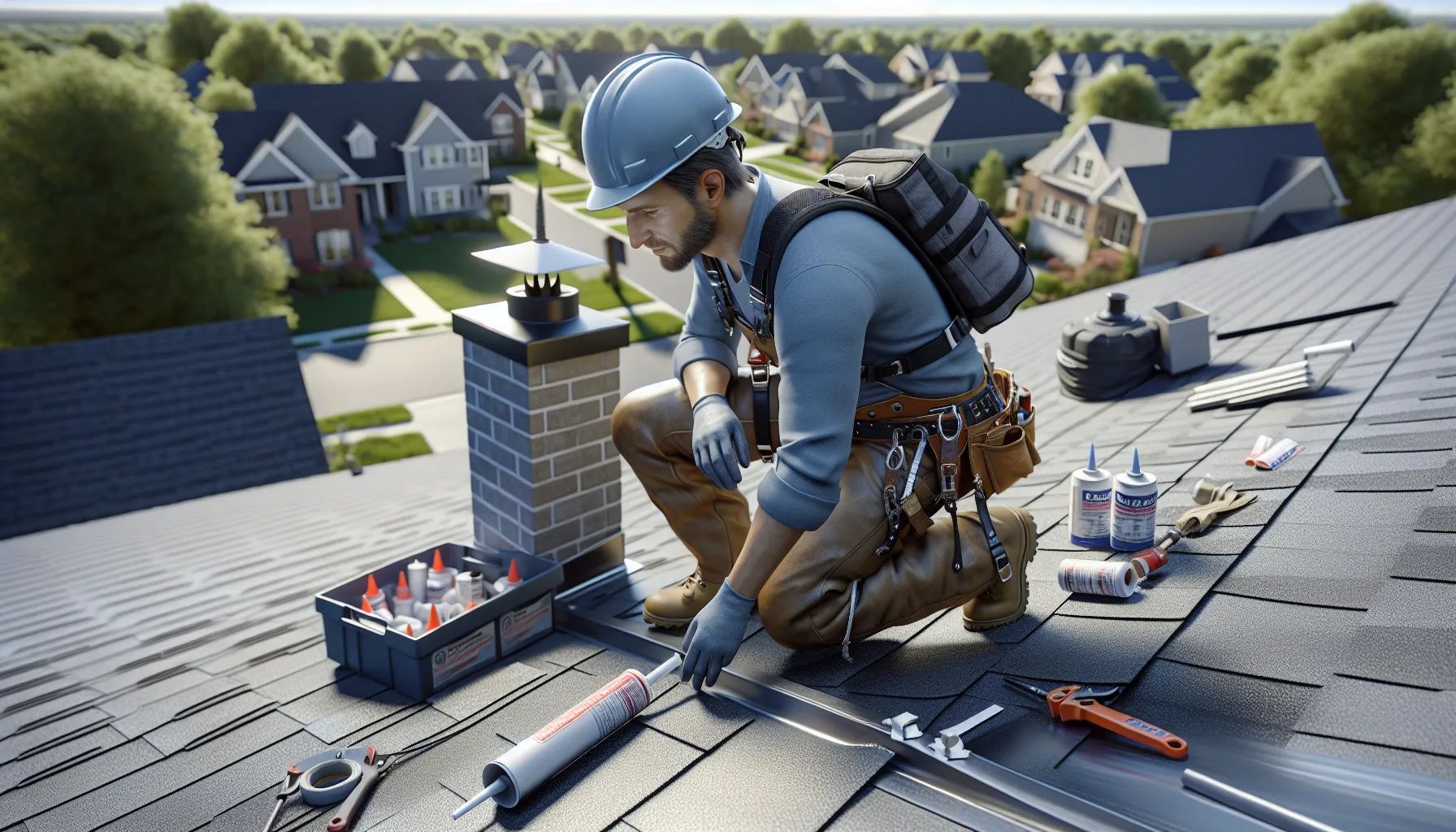 A man is kneeling on top of a roof working on it.