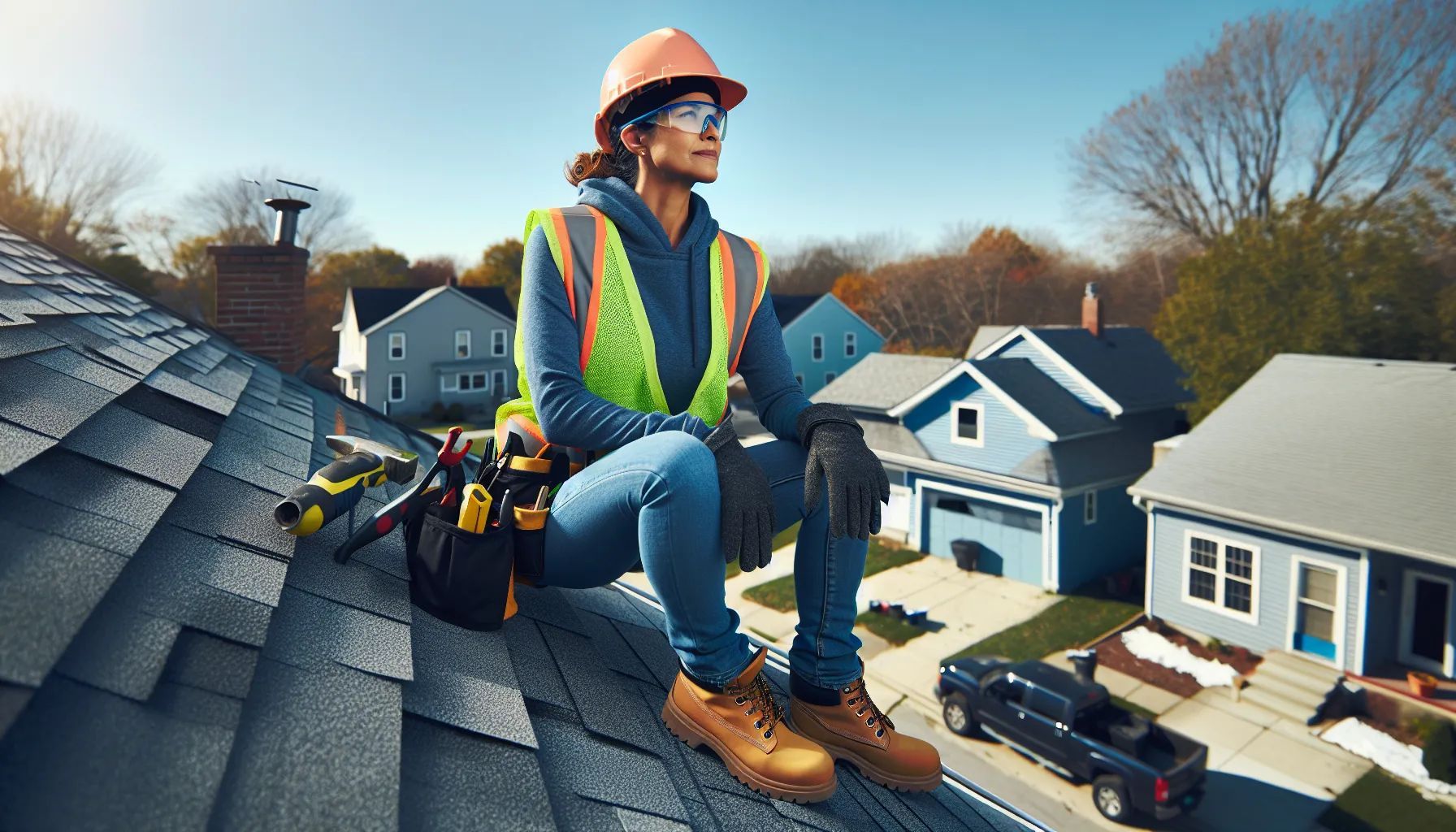 A woman is sitting on the roof of a house.