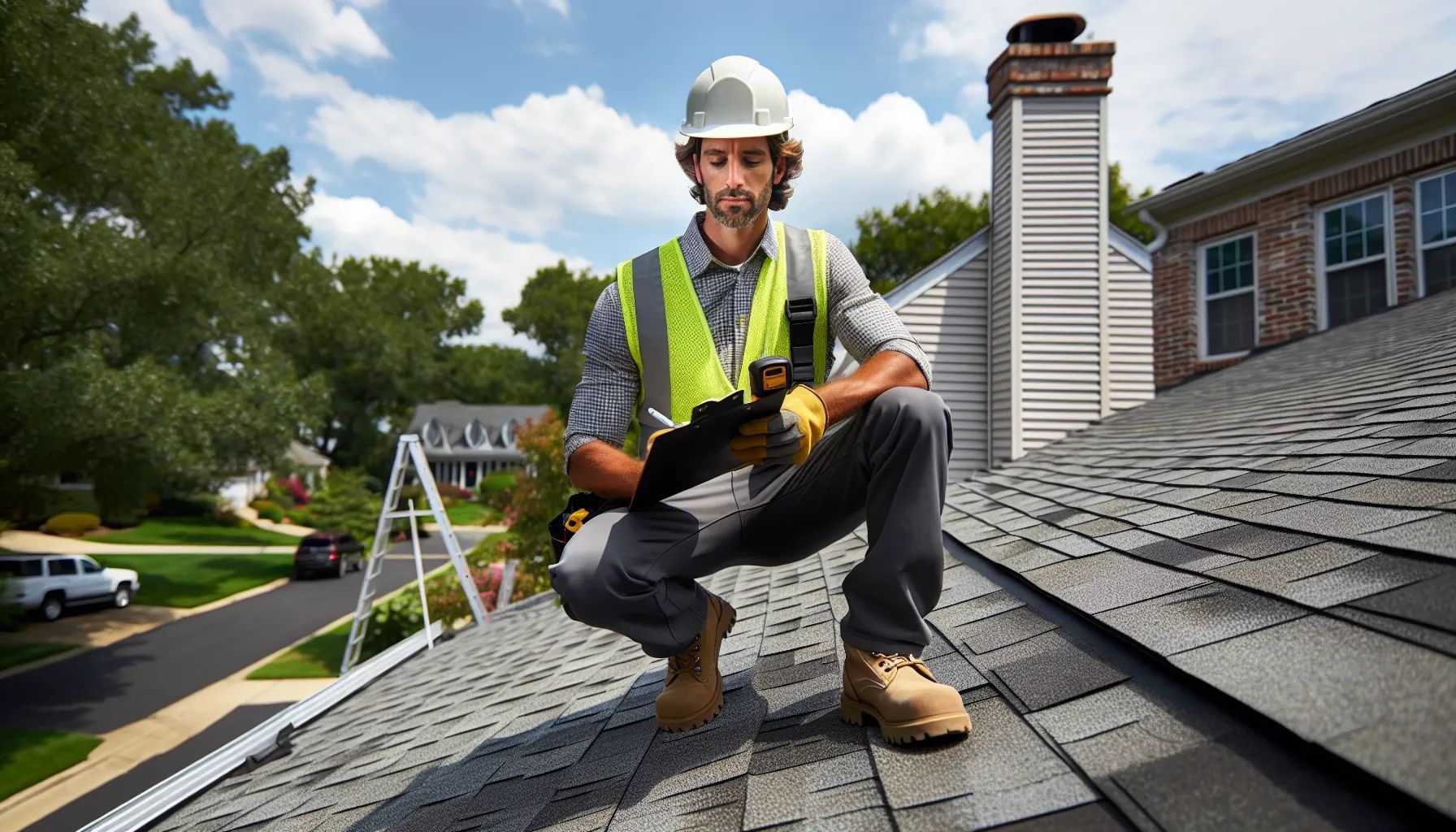 Roofer in safety vest and helmet inspecting shingles on a roof in a residential setting on a sunny day.