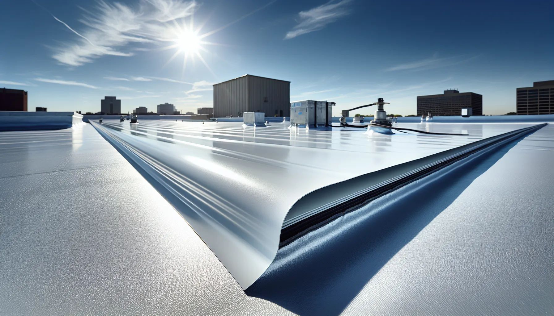 Bright, reflective roof with peel-back section, revealing dark underlayer. City skyline, sunny sky.
