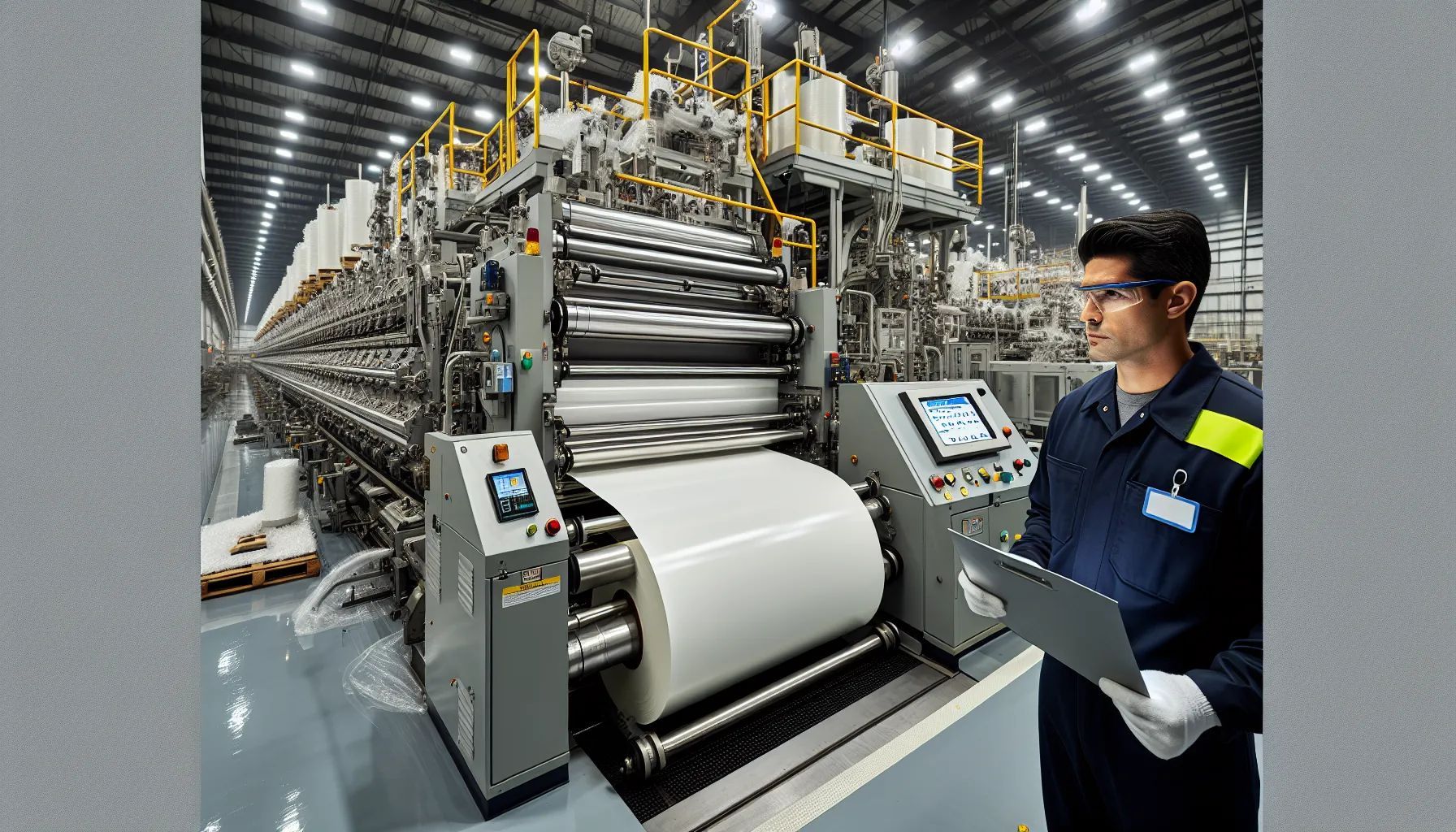 Man in uniform inspects machinery in a TPO factory setting, holding a clipboard.