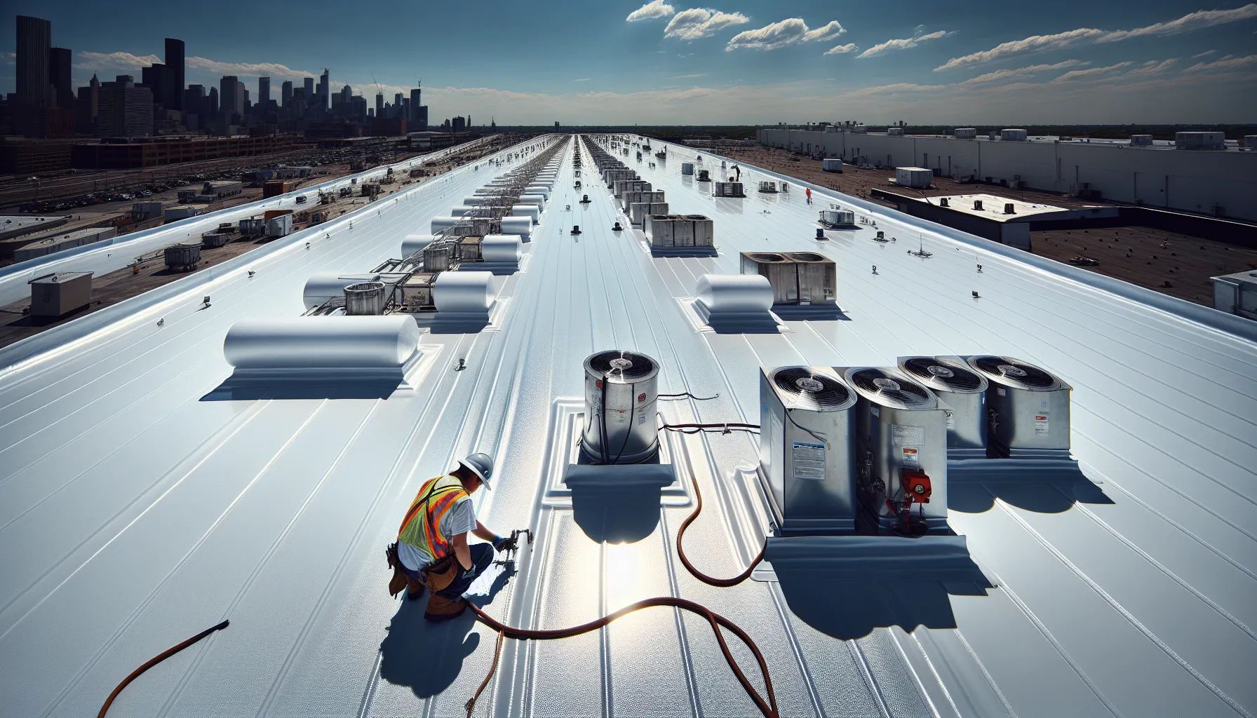 Rooftop view of a worker in safety gear applying TPO coating on a large building with a city skyline in the distance.