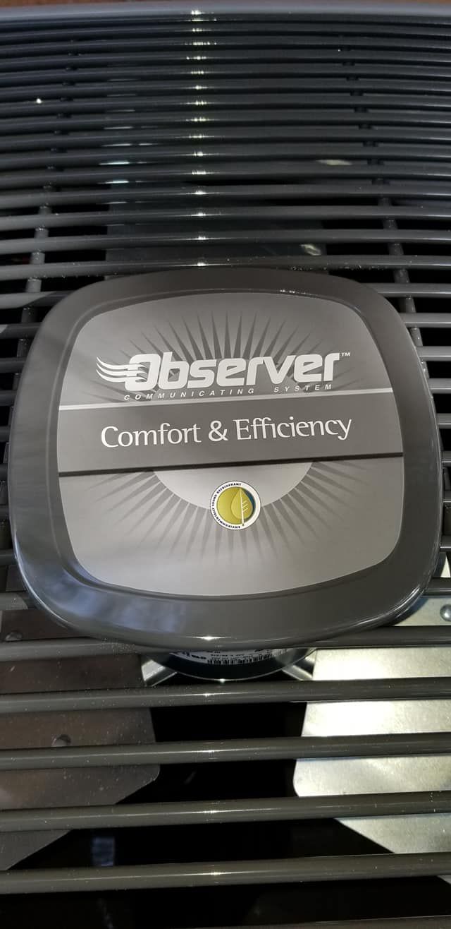 A close up of a comfort and efficiency air conditioner.