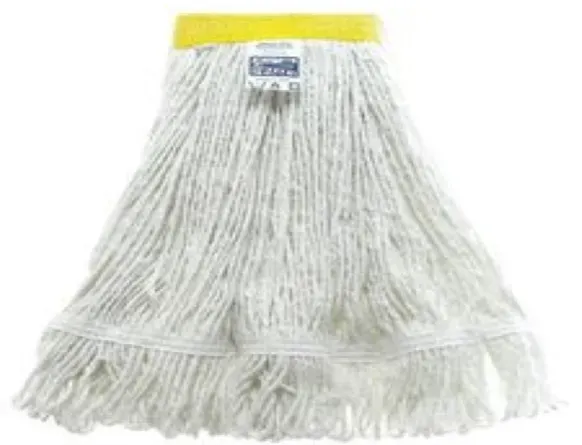 A white mop with a yellow band on it