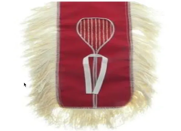 A red cloth with white feathers and a heart on it