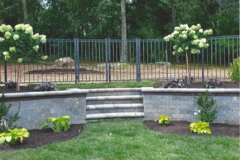 A black fence with red roses in front of it.
