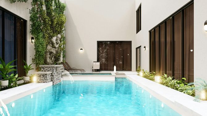 Modern courtyard with a turquoise pool, white walls, lush greenery, and tall dark windows.