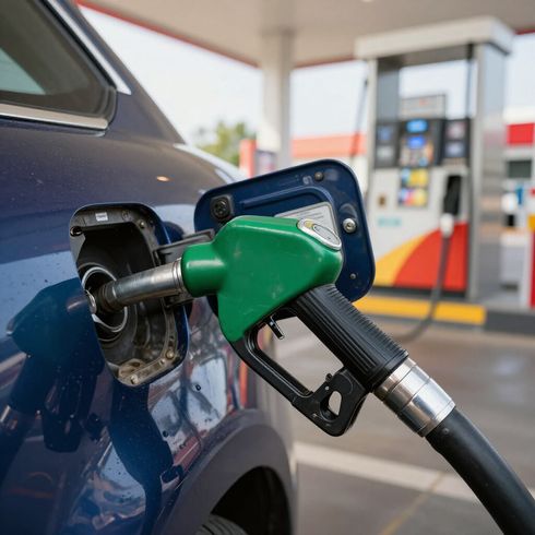 Fuel pump nozzle in a car's gas tank at a gas station. Green nozzle. Blue car.