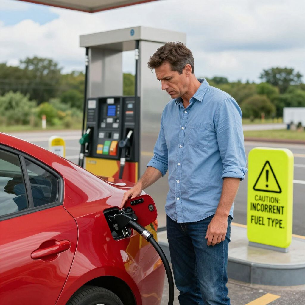 A person fuels a red car at a station next to a yellow caution sign that reads: CAUTION: INCORRECT FUEL TYPE.