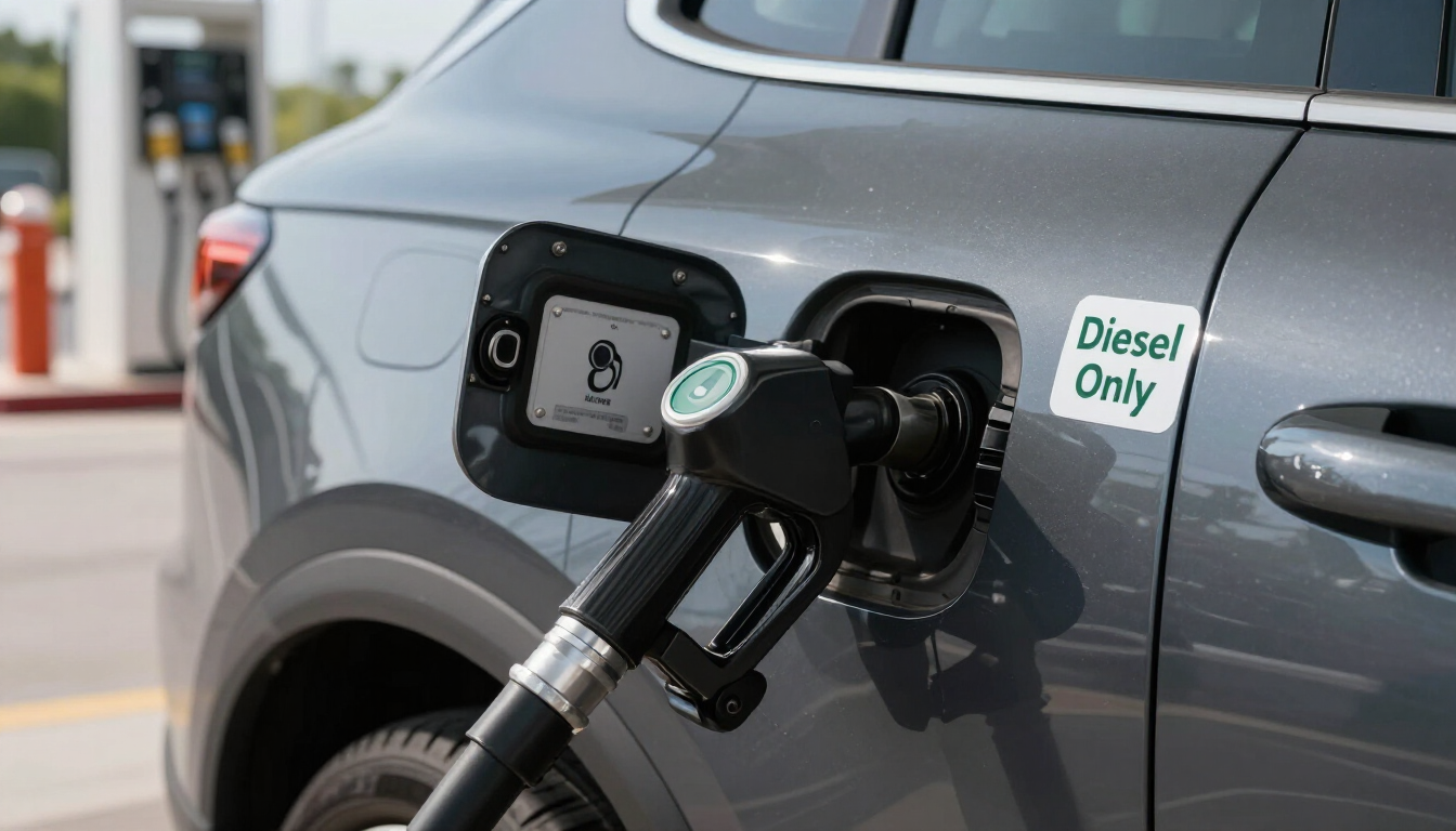 Petrol pump nozzle near a car