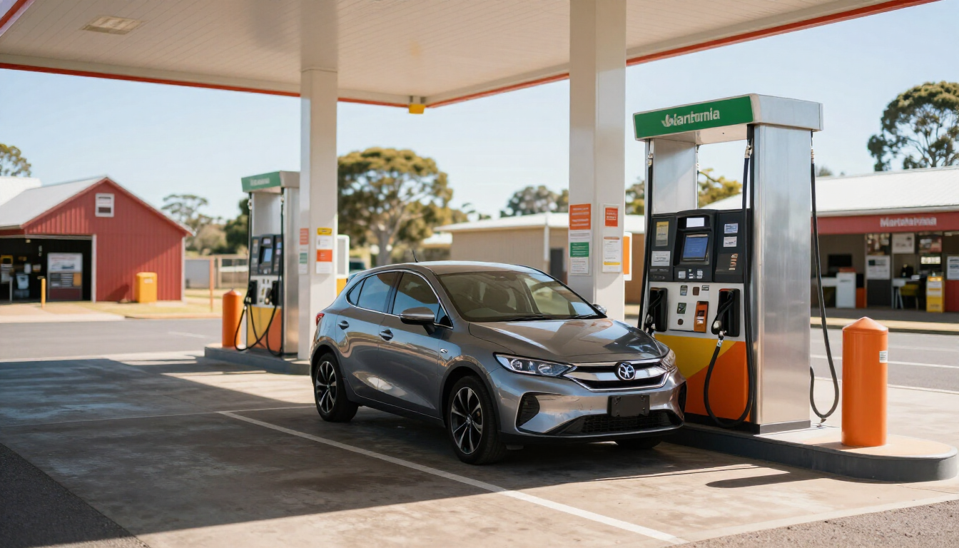 A car parked at an Australian fuel station with fuel pumps in the background.