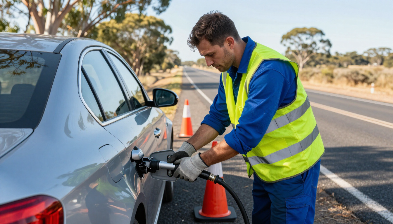 Technician performing a fuel drain on a car in Australia
