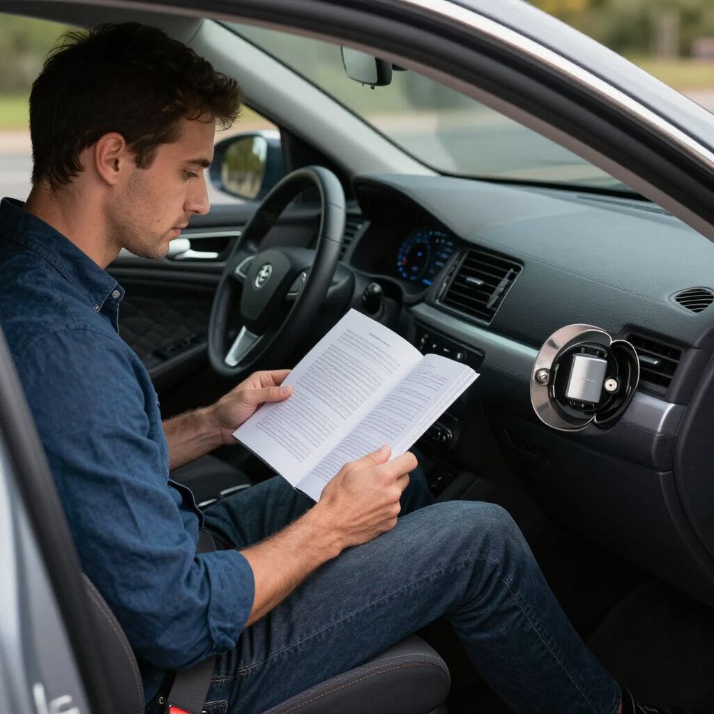 Man in a car reading a book; interior shot with dashboard visible.