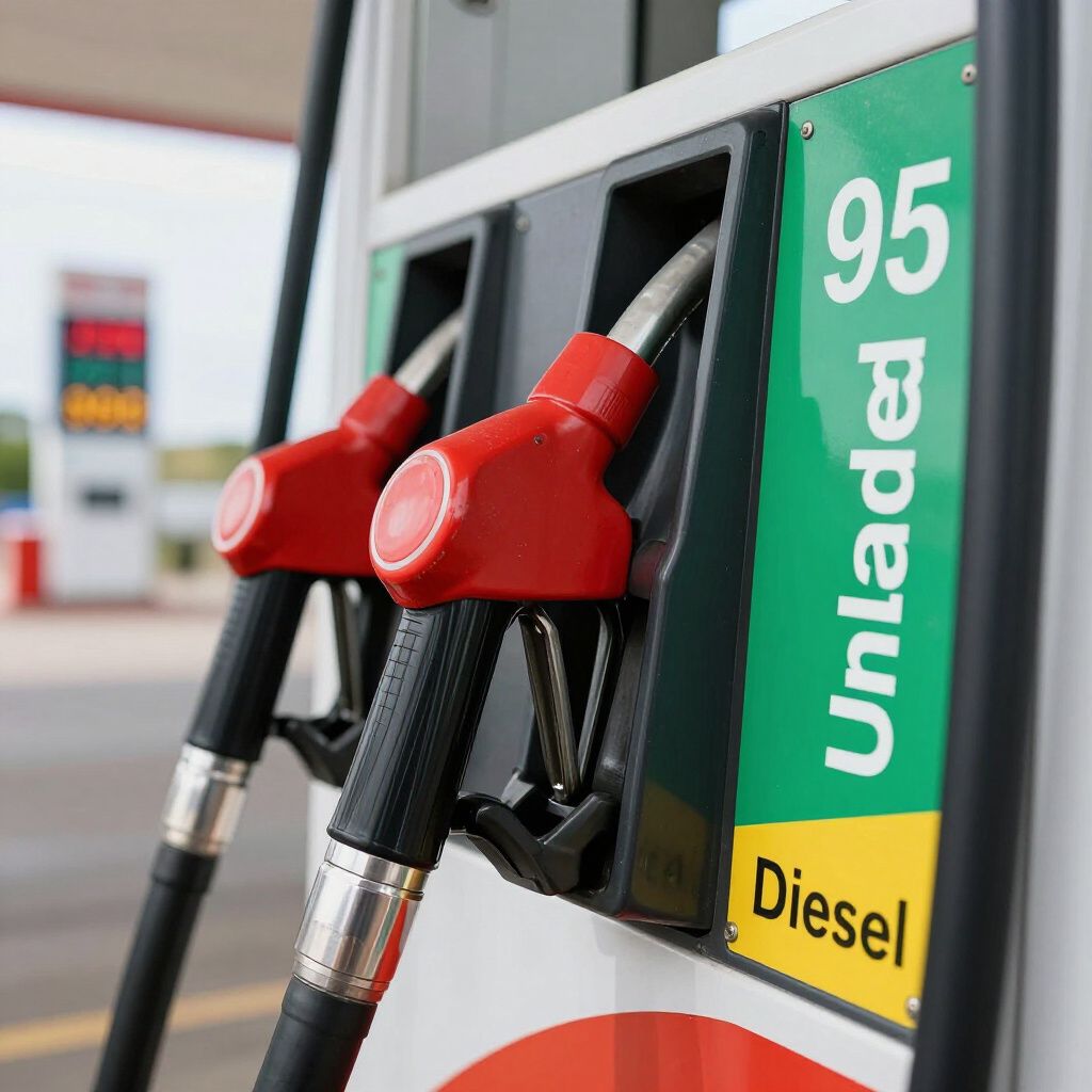 Gas pump nozzles, red handles, labeled