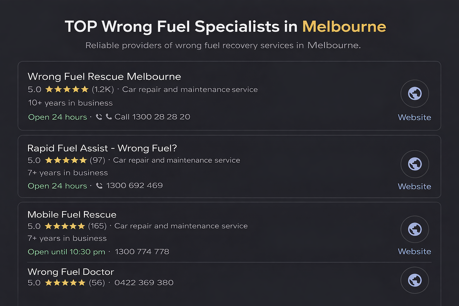 A list of top-rated wrong fuel specialists in Melbourne with contact details, ratings, and website links.