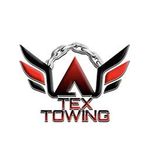 Logo for Tex Towing: Red and black winged design with a chain and the words "TEX TOWING".