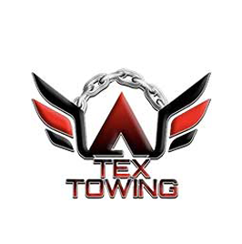 Logo for Tex Towing: Red and black winged design with a chain and the words "TEX TOWING".