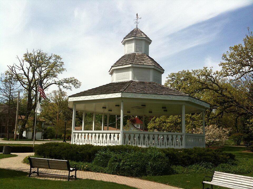 Bartlett Park gazebo in Bartlett Illinois showing the community green space venue for the Fourth of July festival and summer events