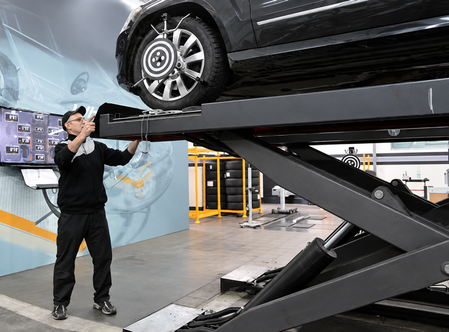 Wheel alignment sensors attached to a vehicle at a professional auto repair shop