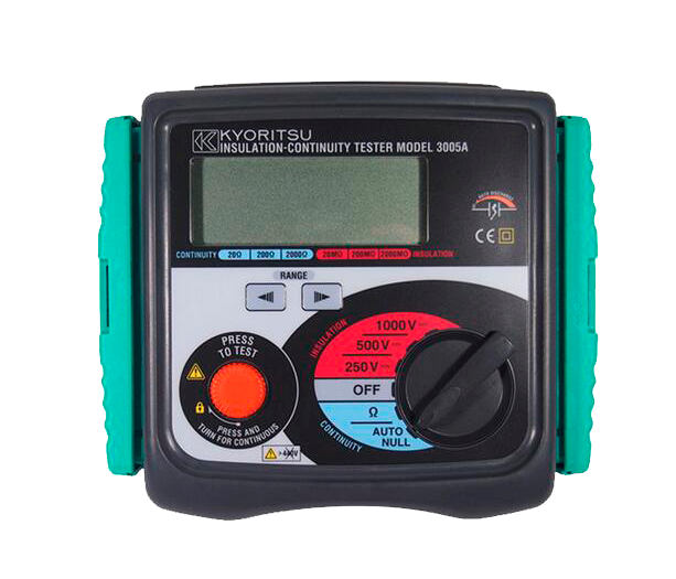 Probador de continuidad de aislamiento KYORITSU negro y verde con pantalla digital, dial giratorio y botones.