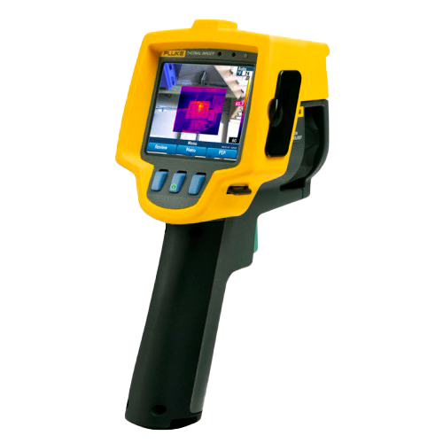 Una cámara termográfica portátil, de color amarillo y negro, que muestra un mapa de temperatura en su pantalla.