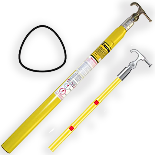 Pértiga telescópica amarilla con gancho, para trabajos eléctricos, y anillo de goma negro.