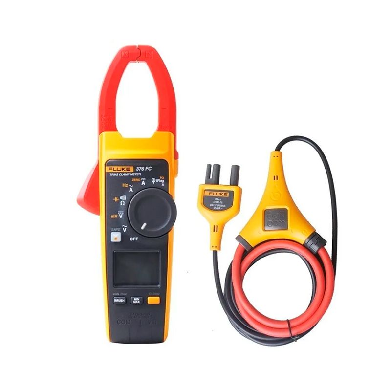Pinza amperimétrica Fluke de color amarillo y rojo con dial y pantalla de color negro