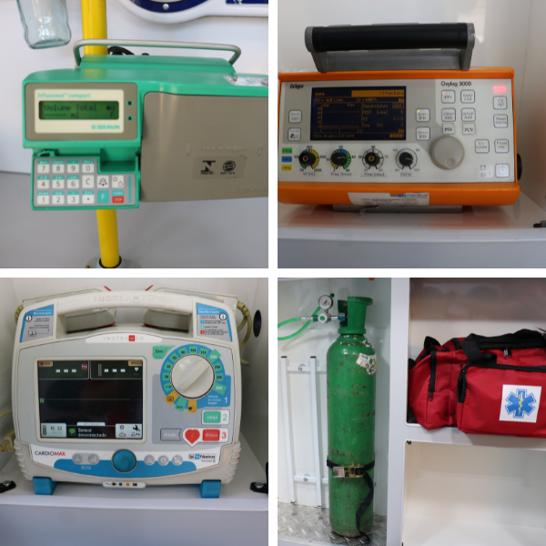 Colagem de quatro painéis com dispositivos médicos: monitores, um desfibrilador, um cilindro de oxigênio e uma bolsa vermelha de primeiros socorros.