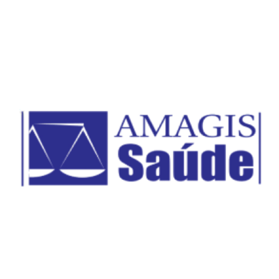 Logotipo da Amagis Saúde em azul e branco com um ícone de balança.