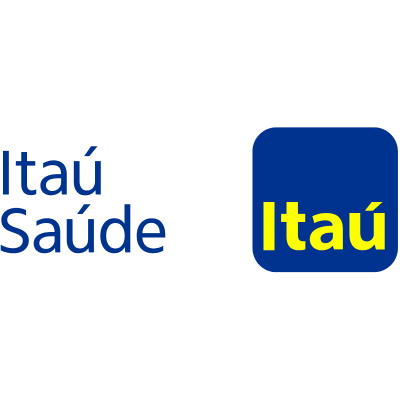 Itaú Saúde logo beside a blue square with yellow Itaú lettering
