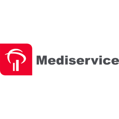 Logotipo da Mediservice com ícone branco em quadrado vermelho e texto cinza.
