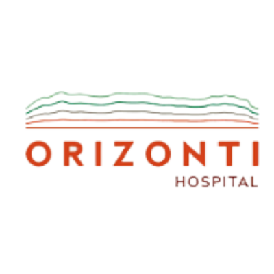 Logotipo do Hospital Orizzonti com texto laranja e linhas verdes e laranjas sobrepostas acima.