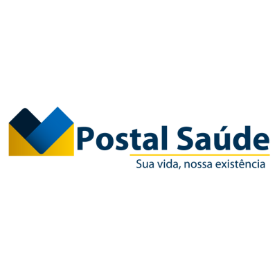 Logo da Postal Saúde em azul e amarelo com o slogan “Sua vida, nossa existência”