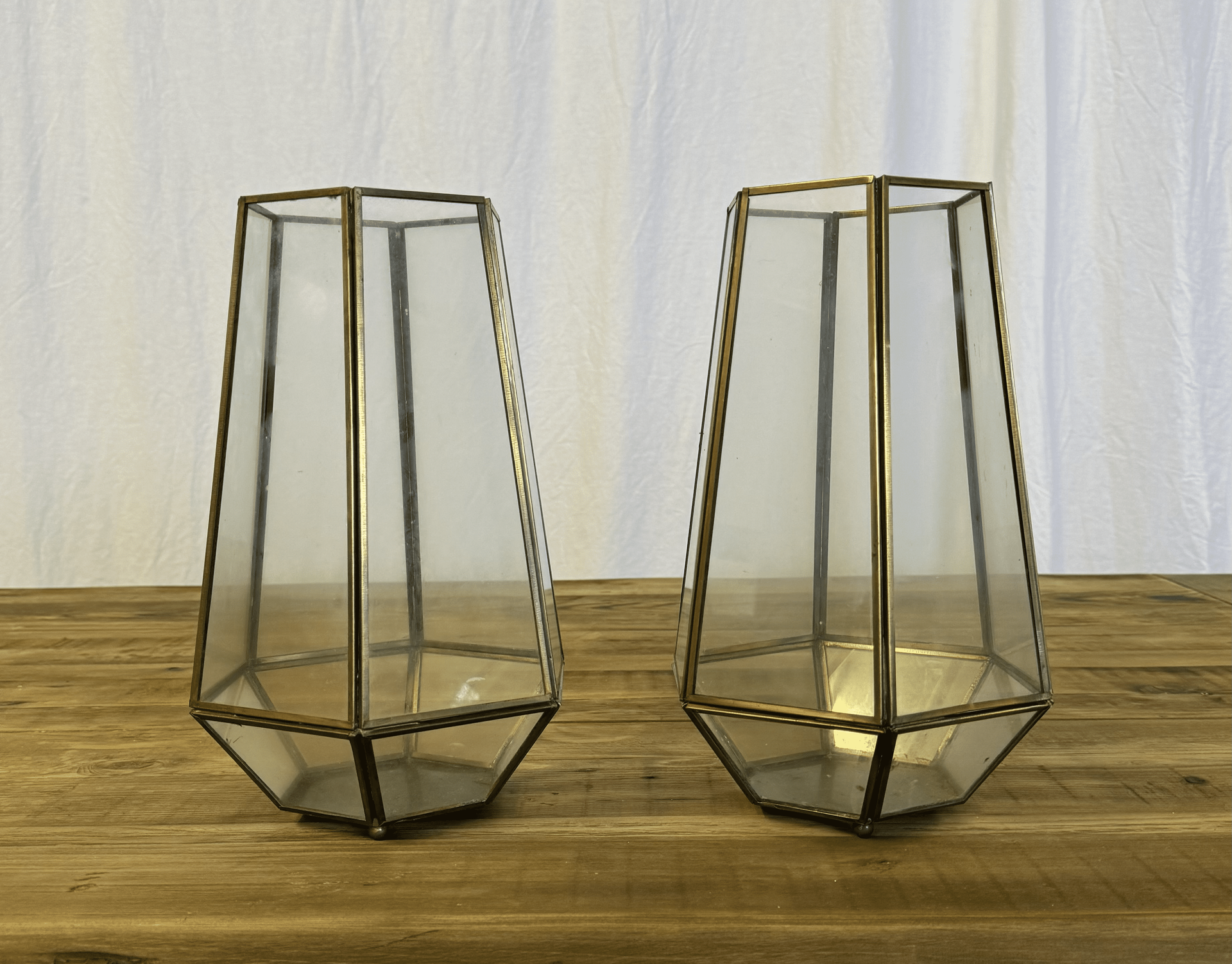 Two geometric glass terrariums on a wooden surface against a light curtain backdrop